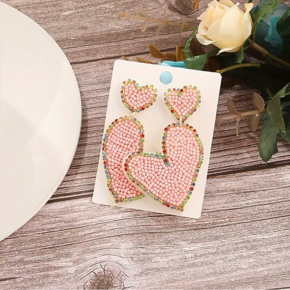 NWT Bohemian Style Pink Beaded Heart Earrings, Valentine’s Day - Picture 3 of 4